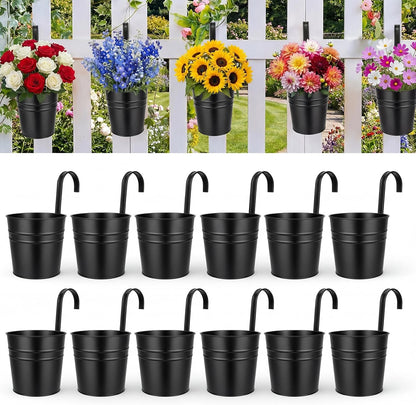 HowRU Metal Iron Flower Pots for Railing Fence Hanging Bucket Pots(5 Pcs) and Hanging Flower Pots Metal Iron Bucket Planter(10 Pcs) (Black)