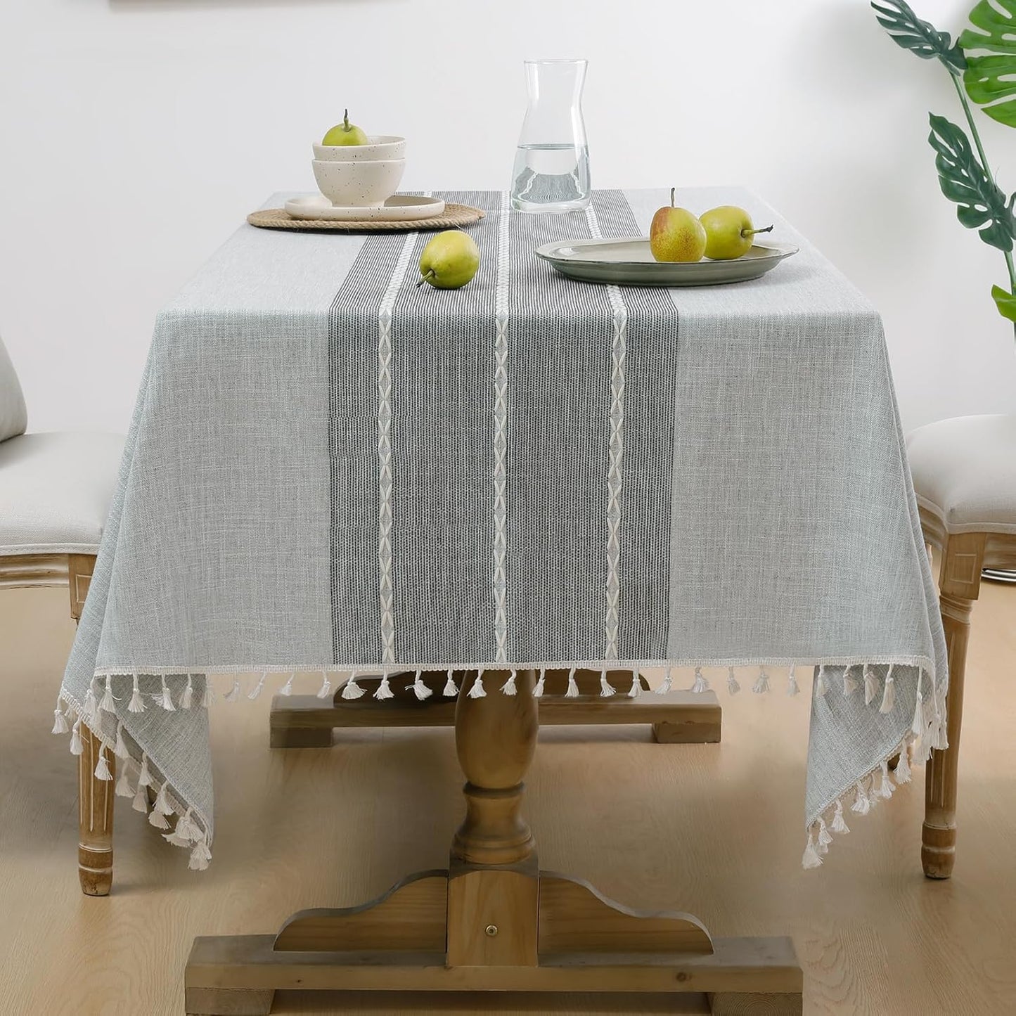 Softalker Outdoor Tablecloth Rectangle, Waterproof Linen Cotton Farmhouse Table Cloths with Tassel, Heavy Weight Wrinkle Free Boho Table Cover for Picnic Camping Dining - 55 x 70 Inch, Coffee Lines