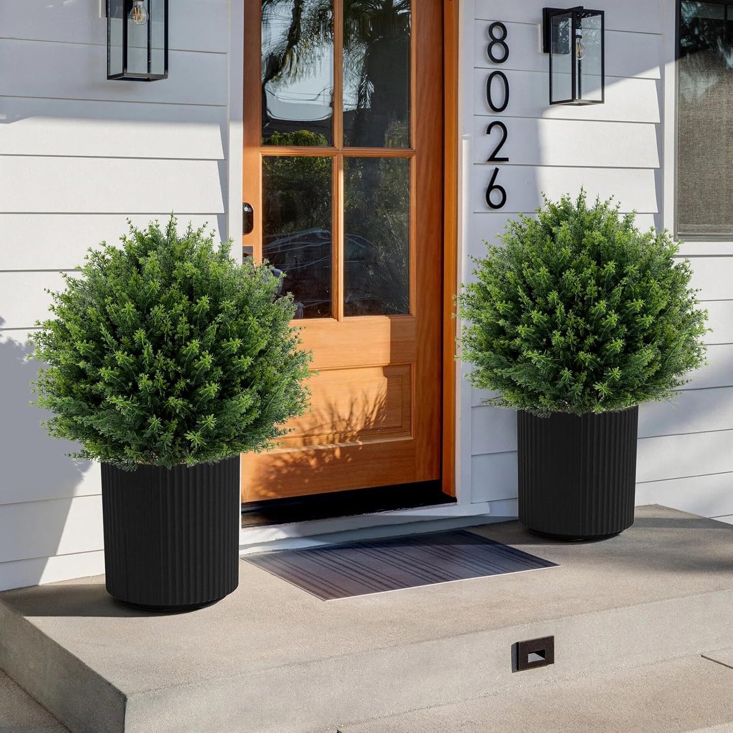 Artificial Red Eucalyptus Topiary Ball Tree 24" with Ground Spike, Set of 2 Artificial Boxwood Bushes for Faux Shrubs, Fake Evergreen Faux Plant for Indoor Outdoor Garden -UV Resistant–Fade-Proof