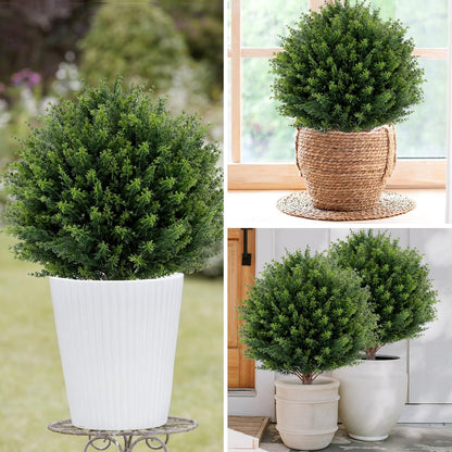 Artificial Red Eucalyptus Topiary Ball Tree 24" with Ground Spike, Set of 2 Artificial Boxwood Bushes for Faux Shrubs, Fake Evergreen Faux Plant for Indoor Outdoor Garden -UV Resistant–Fade-Proof