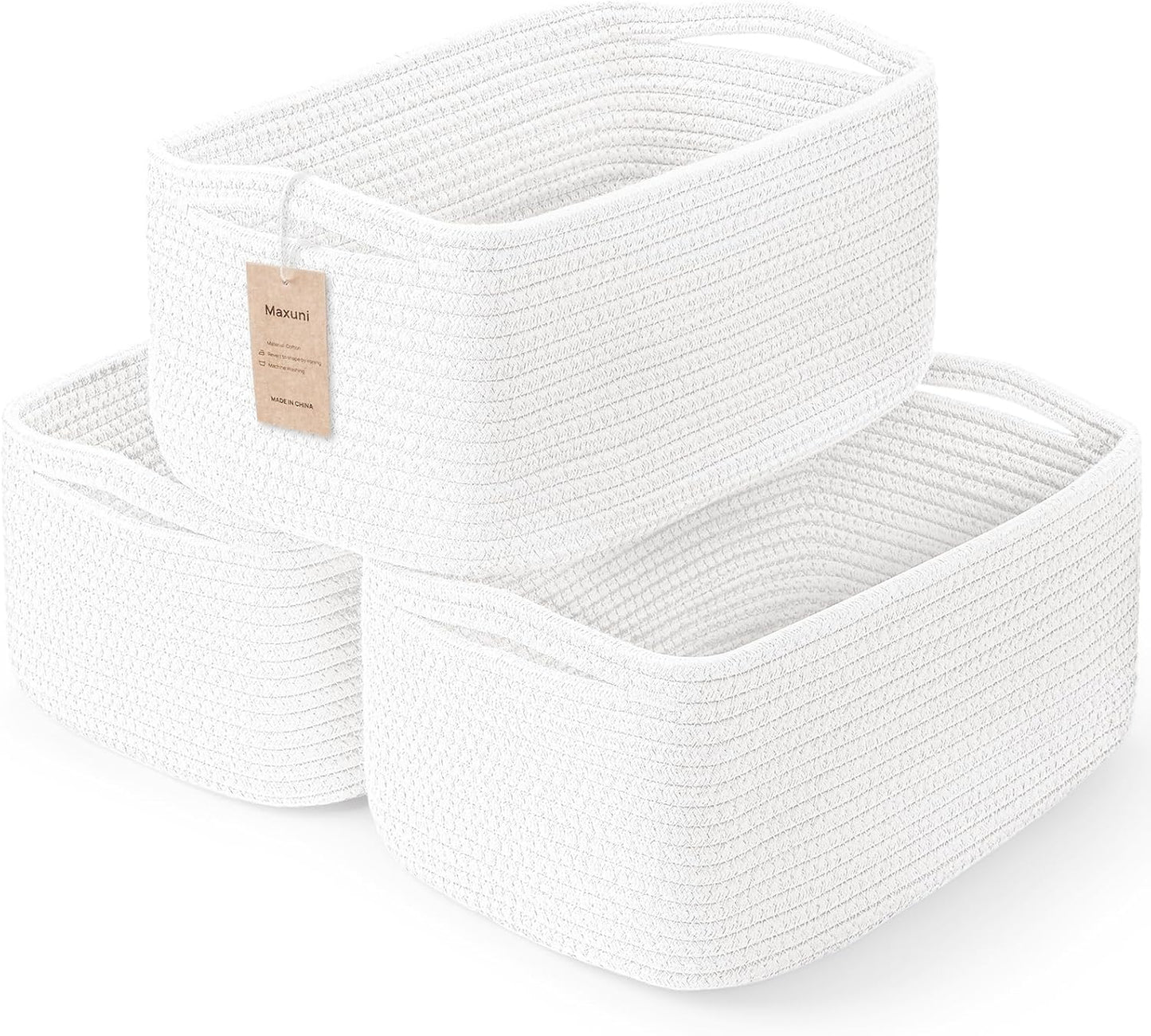 3-Pack Small Storage Baskets for Organizing | Woven Shelf Toy Basket | Rope Baskets for Gifts Empty | Closet Organizer Bins with Handles | Cube Decorative Box | 11.8×7.8×5.1” | Mixed brown