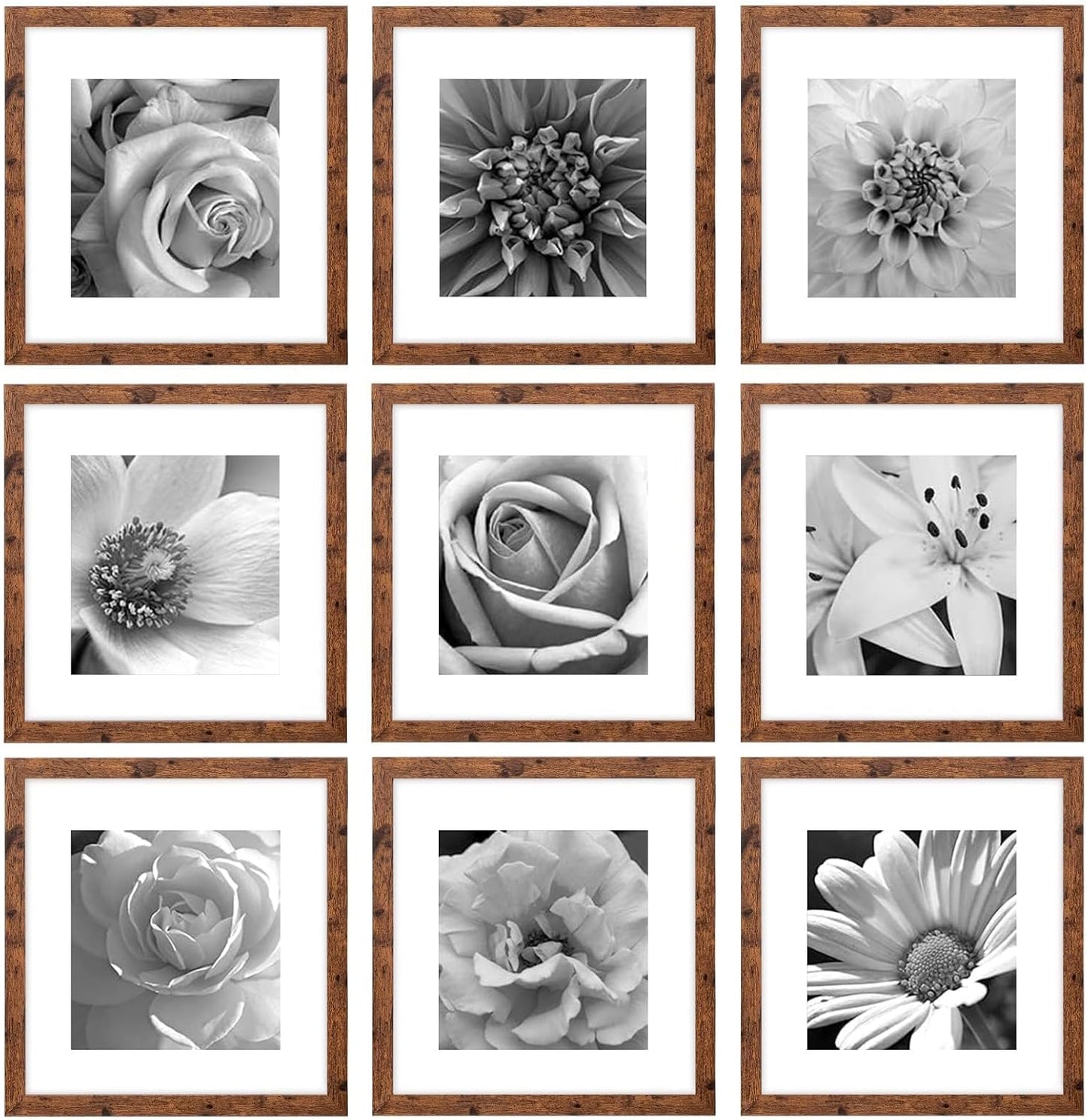 eletecpro 12x12 Picture Frames Set of 9 with Clear Acrylic Cover, Display 8x8 Photos with Mat or 12x12 Without, Classic and Sturdy Square Collage Gallery Wall Decor, Easy Wall Mount, Black