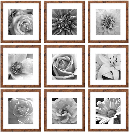 eletecpro 12x12 Picture Frames Set of 9 with Clear Acrylic Cover, Display 8x8 Photos with Mat or 12x12 Without, Classic and Sturdy Square Collage Gallery Wall Decor, Easy Wall Mount, Black