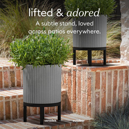 Veradek Demi Series Round Planter w/ Stand for Porch/Patio | Durable Plastic-Concrete & Wooden Stand | Modern Décor for Tall Plants, Flowers