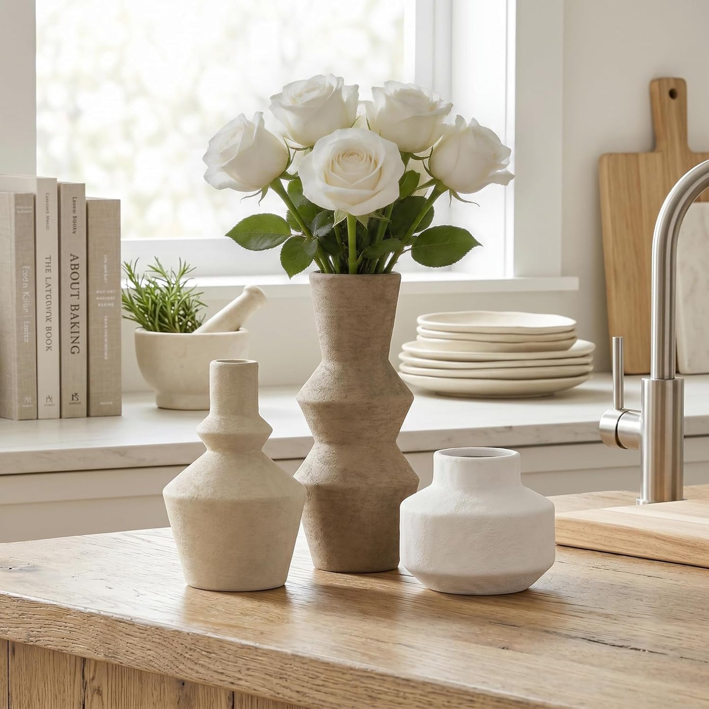 DREAMLOOM Ceramic Vase Set of 3, Modern Rustic Flower Vases for Pampas Grass, Dried & Fresh Flowers, Farmhouse Decorative Vase for Living Room Bedroom Kitchen Shelf Centerpiece, Rust