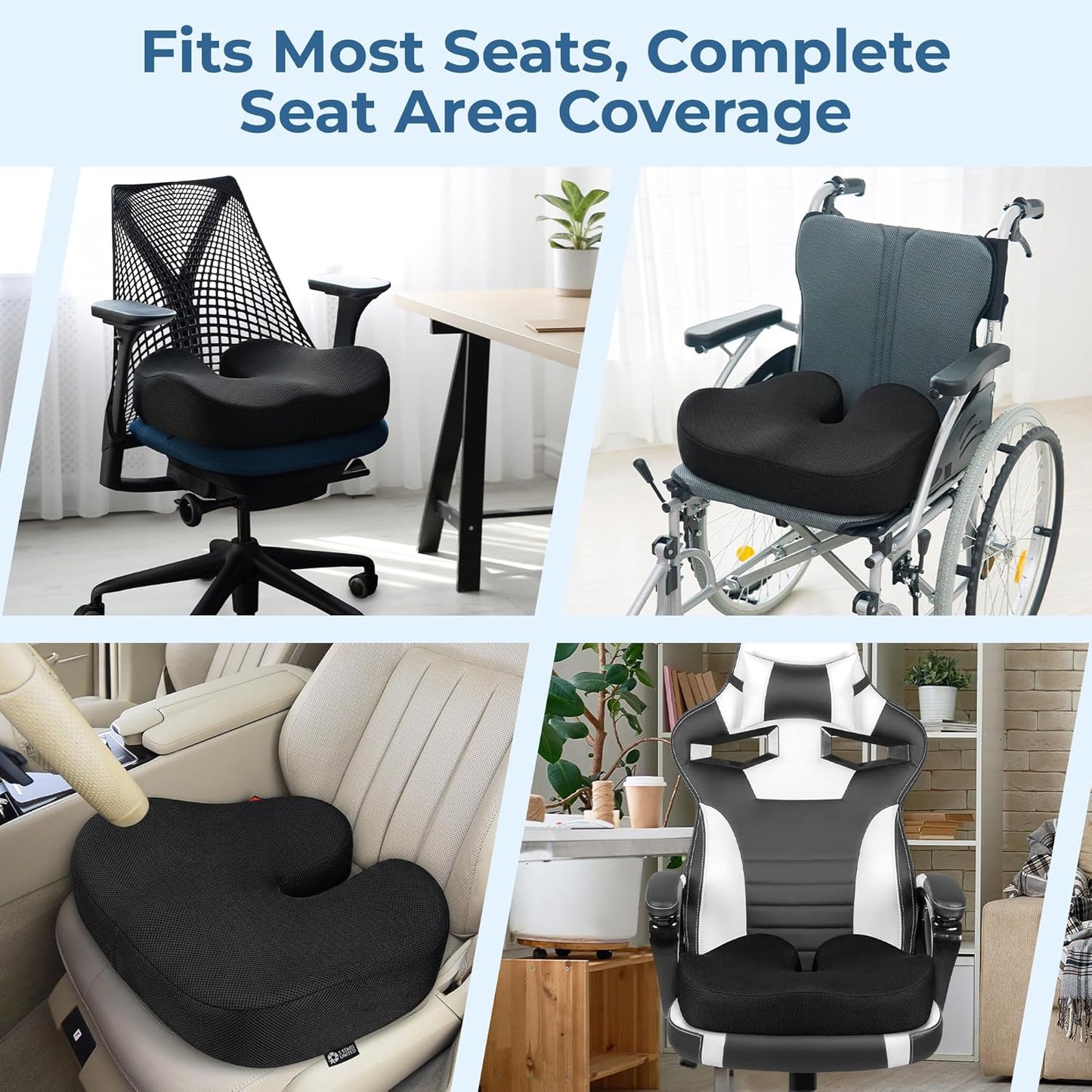 5 STARS UNITED Seat Cushion - Memory Foam Chair Cushion for Tailbone Pain Relief - Ergonomic Support for Coccyx, Sciatica & Butt - Office, Desk & Gaming Chair, Car Seat, Wheelchair, Airplane, Black