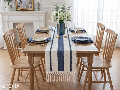 FEXIA Boho Table Runner for Thanksgiving Fall Christmas Home Decor with Tassels 72 Inches Long Pottery barn Furniture Farmhouse Rustic Macrame Burlap Table Decoration for Living Room (12x72 Inches)
