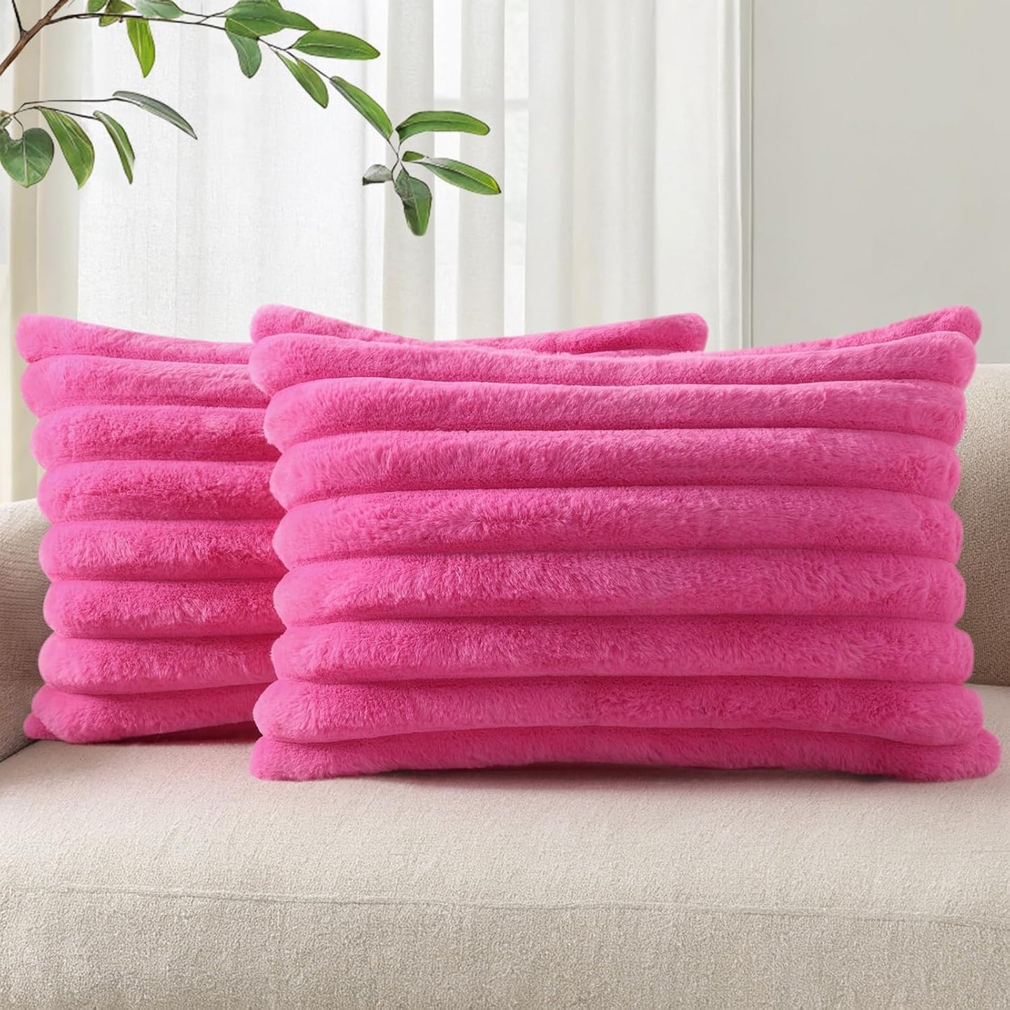 Pallene Faux Fur Plush Throw Pillow Covers 18x18 Set of 2, Luxury Soft Fluffy Striped Decorative Pillow Covers for Sofa, Couch, Living Room, Cream White