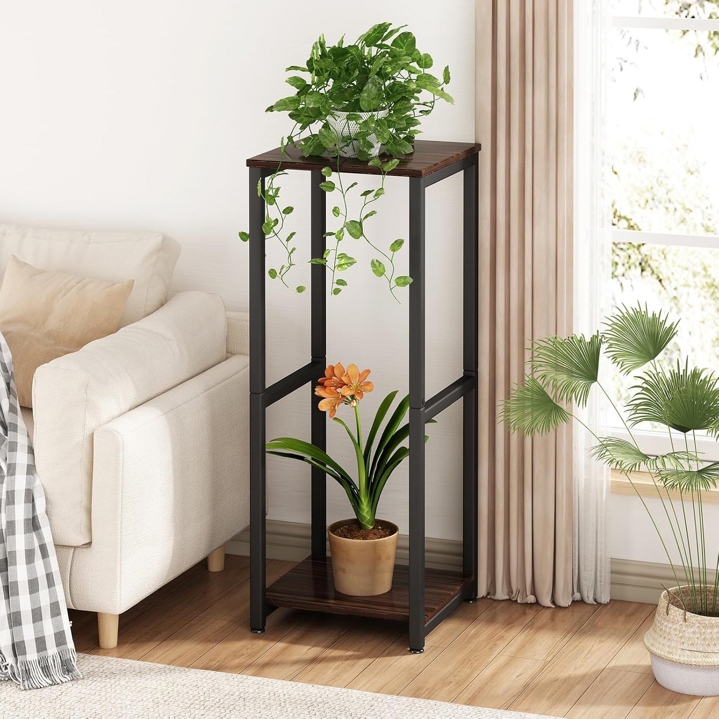 Plant Stand Indoor Corner Tall 2 Tier Metal Modern Flower Storage Plant Shelf Holder for Living Room Balcony Garden,Black (2 Tier-Black Round)