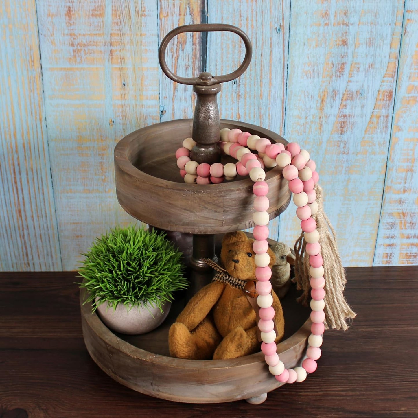 CVHOMEDECO. Wood Beads Garland with Tassels Farmhouse Rustic Wooden Prayer Bead String Wall Hanging Accent for Home Festival Decor. Mix Distressed