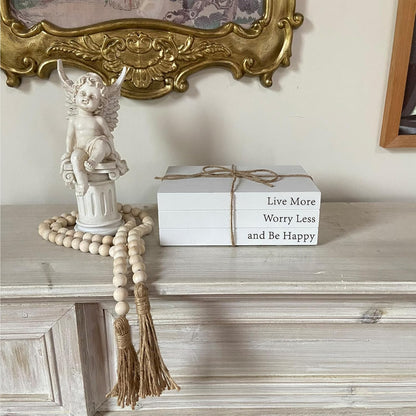Decorative Books for Home Decor, White Faux Books for Decoration, Rustic Farmhouse Stacked Display Books with 52in Wood Bead Garland for Coffee Tables Living Room (TAKE TIME to DO)