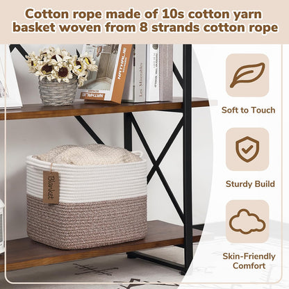Goodpick Woven Storage Basket, Cotton Rope Basket for Dog Toys, Books, Stylish Gift Basket with Handles, 13 x 10 x 9 Inches Square Baskets for Organizing, Brown and White