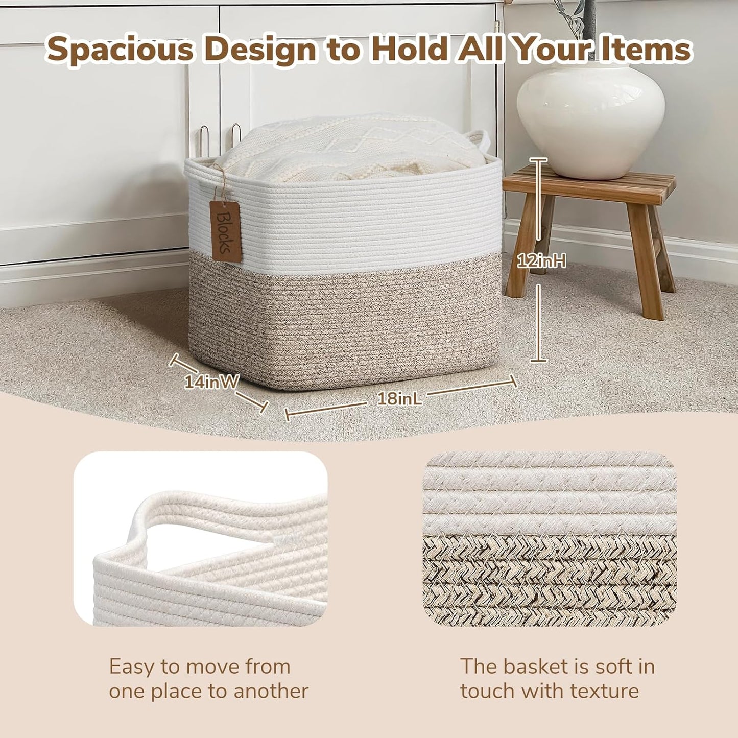 Goodpick Woven Storage Basket, Cotton Rope Basket for Dog Toys, Books, Stylish Gift Basket with Handles, 13 x 10 x 9 Inches Square Baskets for Organizing, Brown and White
