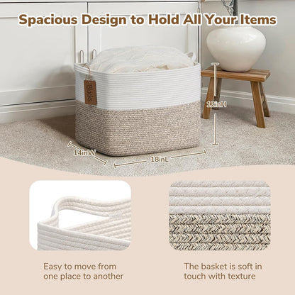 Goodpick Woven Storage Basket, Cotton Rope Basket for Dog Toys, Books, Stylish Gift Basket with Handles, 13 x 10 x 9 Inches Square Baskets for Organizing, Brown and White