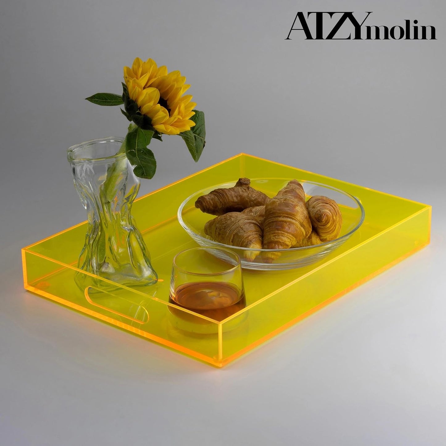 ATZYmolin 16"x12" Large Acrylic Serving Tray Decorative Ottoman Coffee Table Vanity Tray Tea Fruit Platter Snack Appetizer Dessert Drink with Handles for Bar Kitchen Party, Amber
