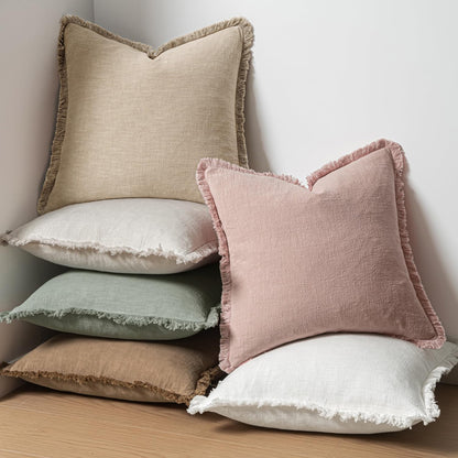 MIULEE Decorative Throw Pillow Covers Neutral Linen Fringe Throw Pillows Set of 2 Natural Beige Boho Farmhouse Cushion Covers with Tassels for Couch Sofa Bed Spring Home Decor 20x20 Inch