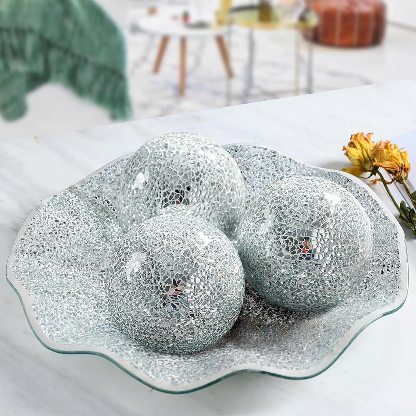 Decorative Mosaic Glass Orbs, 4 Inch Diameter, Set of 3 Sphere Balls, Rose Gold (Gold)