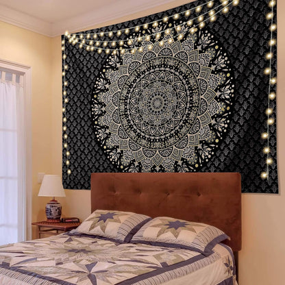 Black Mandala Tapestry Wall Hanging Psychedelic Wall Tapestry Aesthetic Indian Hippie Decor Bohemian Art Boho Home Decoration for Bedroom,Living Room,Dorm