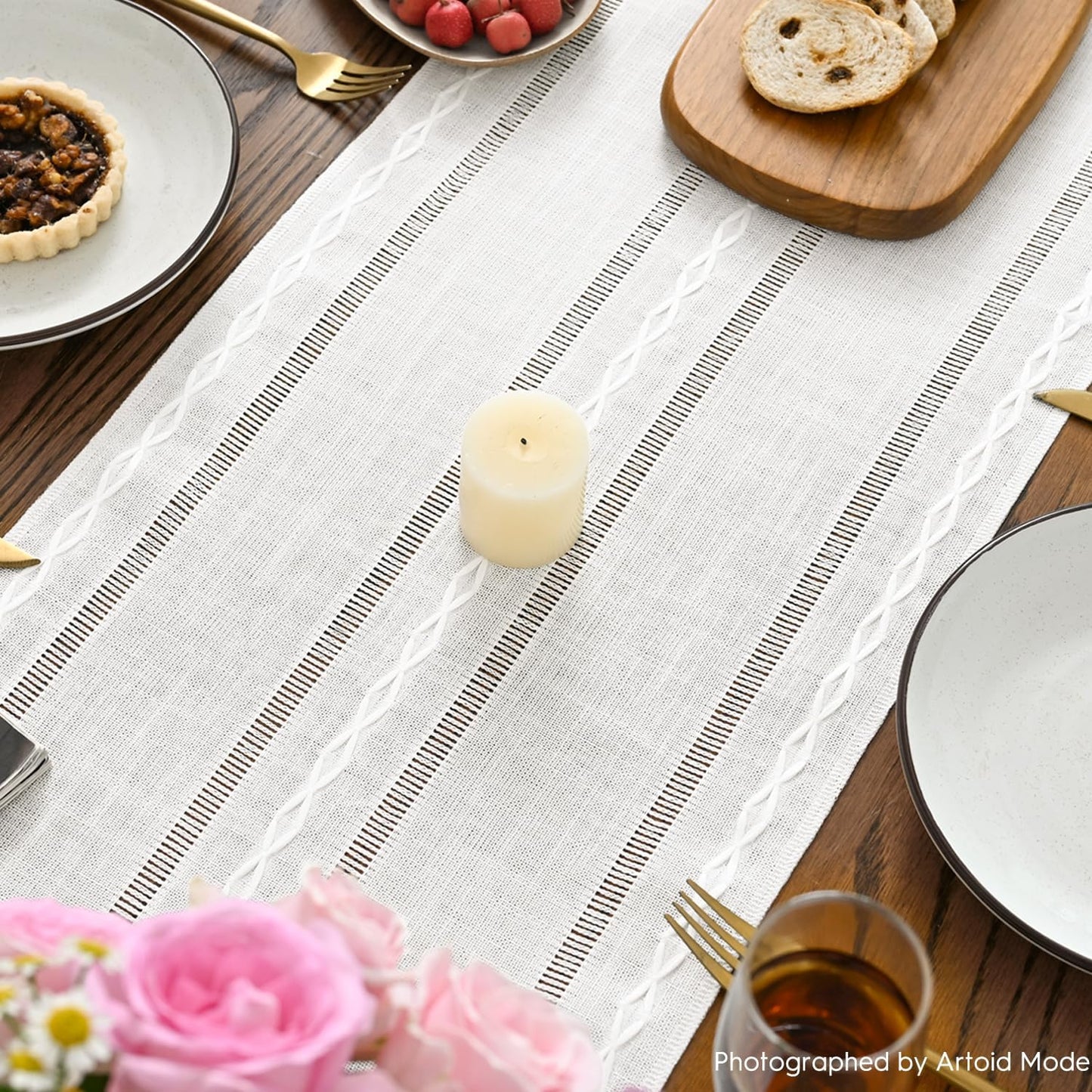 Artoid Mode Beige Rustic Cotton Linen Table Runner, Seasonal Embroidered Hollow Kitchen Dining Table Decoration for Home Party Decor 13x72 Inch