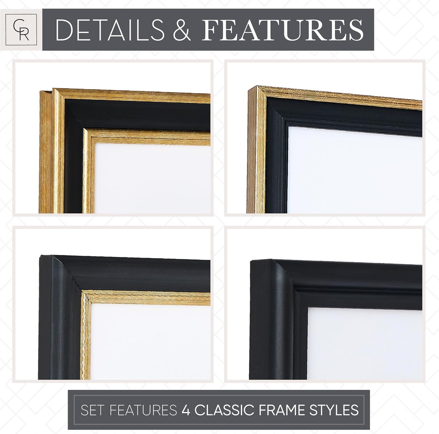 Camden Reed Mixed Gallery Wall Frame Set, (2) 16x20 Inch, (1) 11x14 Inch, and (2) 8x10 Inch, 9 Piece, Brass