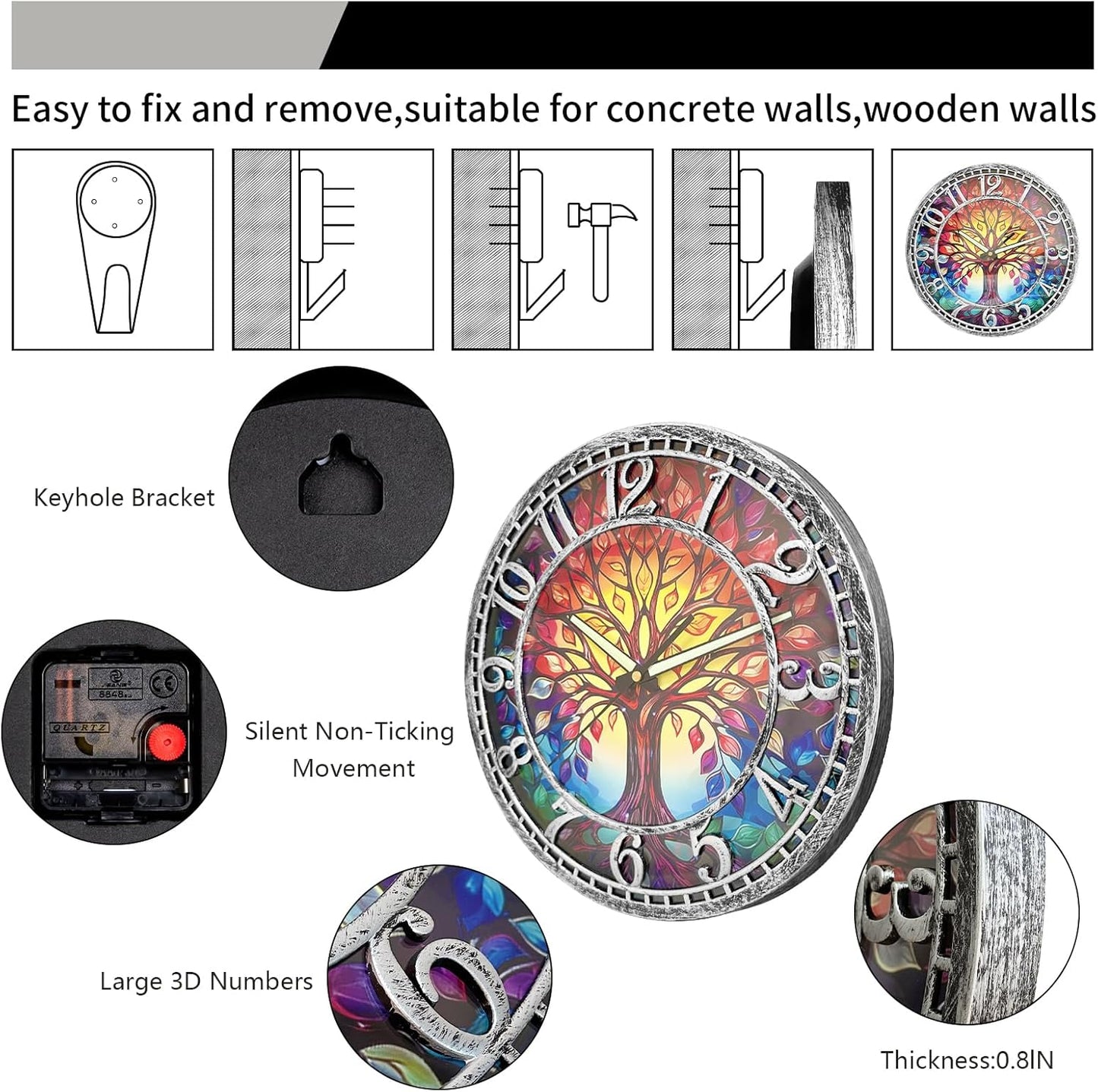 WANGIRO Tree of Life Wall Clock 12inch Silent Movement Clock Precise Timekeeping Wall Clock Ideal for Living Rooms Bedrooms Offices for Home Decor Enthusiasts Antique Silver