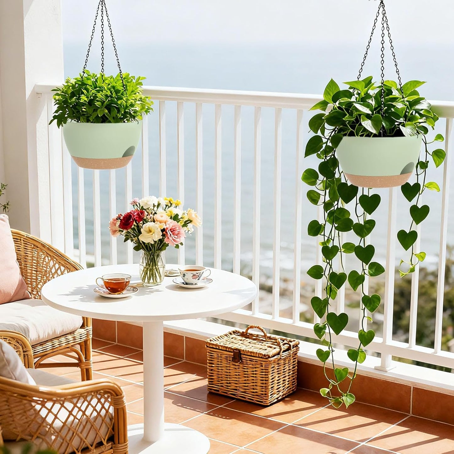 8 Inch Hanging Planters for Indoor Outdoor Plants, 4 Pack Black Plastic Self Watering Hanging Baskets with Drainage Holes and Chain for Garden Porch