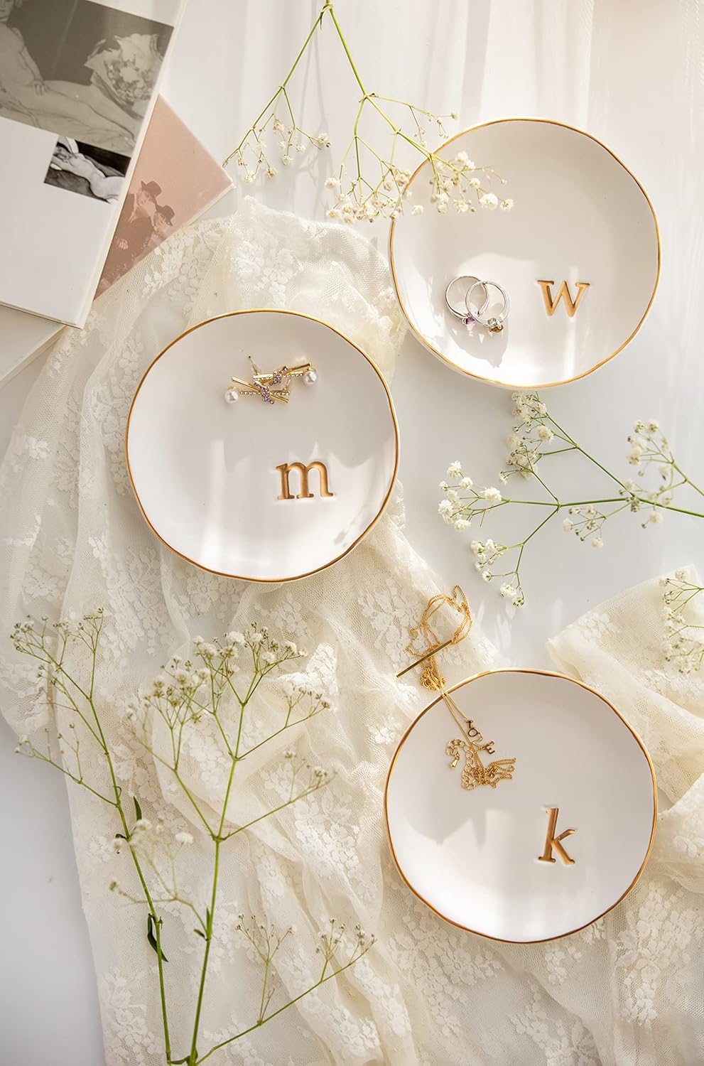 COLLECTIVE HOME - Ceramic Jewelry Tray, Decorative Trinket Dish for Rings Earrings Necklaces Bracelet Watch Keys, Birthday Mother's Day Christmas Gift for Women, 4.75", White Surface (M)