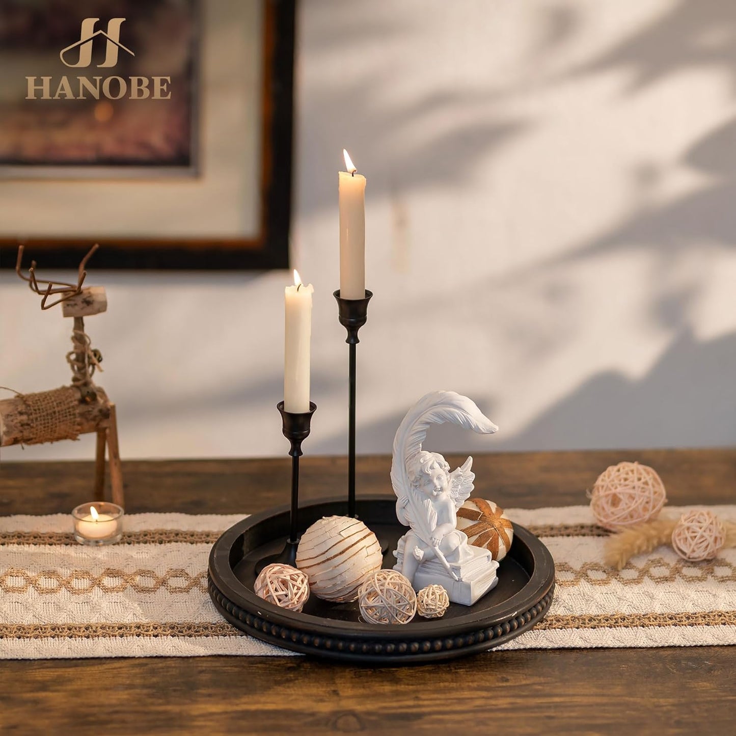 Hanobe Round Wooden Decorative Tray: White Washed Bead Tray Decor for Coffee Table Centerpiece Rustic Farmhouse Tray for Kitchen Counter Living Room Decoration