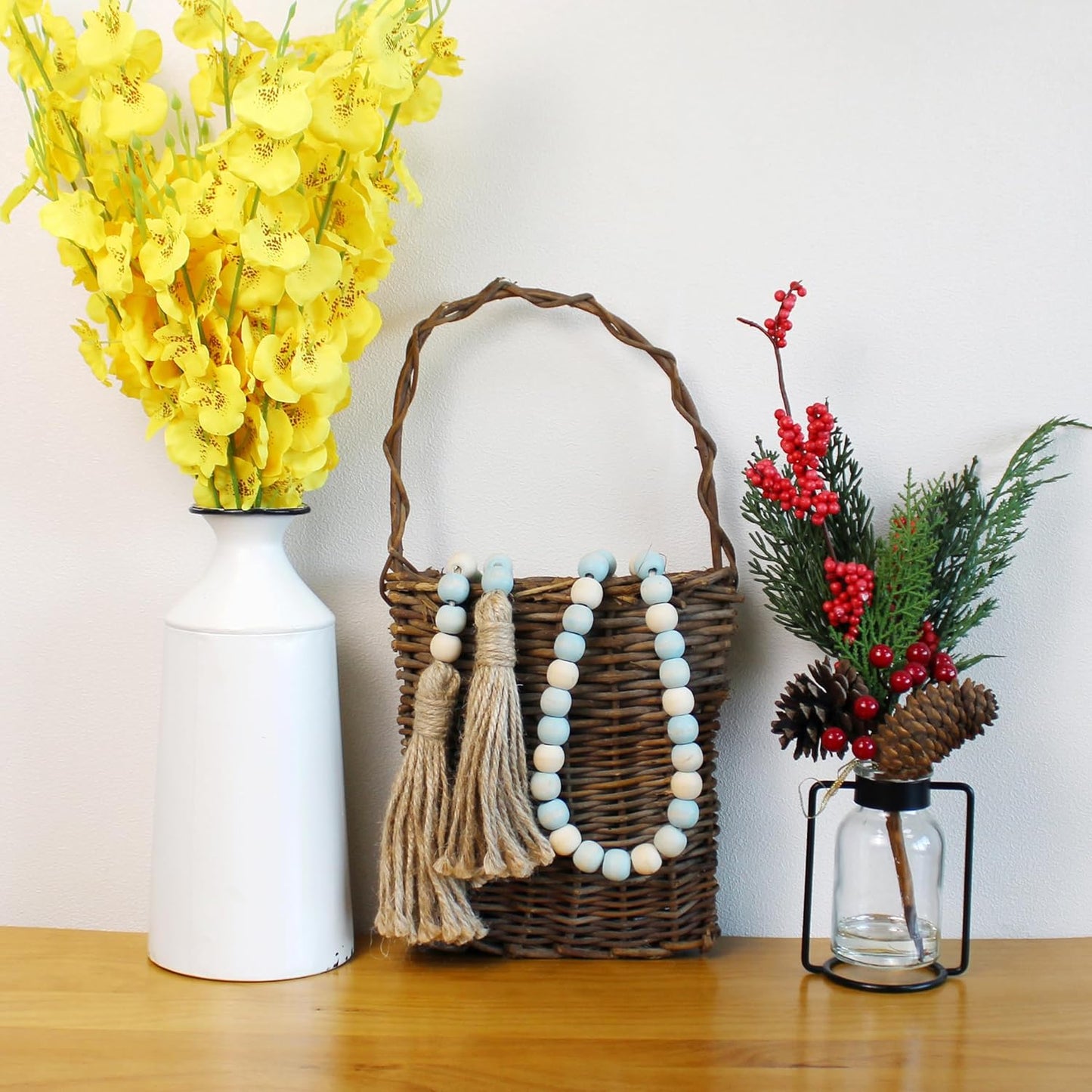 CVHOMEDECO. Wood Beads Garland with Tassels Farmhouse Rustic Wooden Prayer Bead String Wall Hanging Accent for Home Festival Decor. Mix Distressed