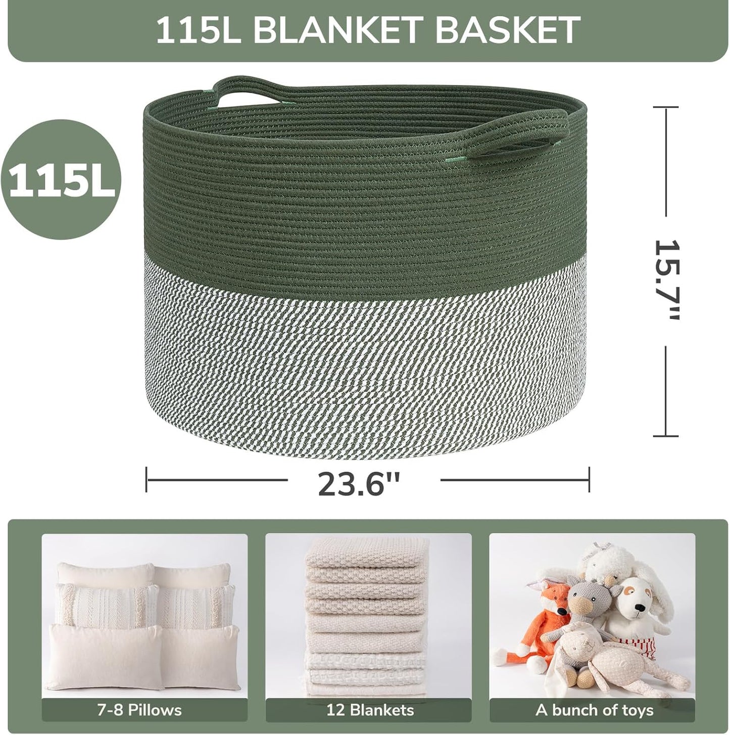 INDRESSME XXXLarge Blanket Basket for Living Room 21.7" x 21.7" x 13.8"-Storage Basket with Handle for Organizing Toy Pillows Woven Cotton Rope Laundry Basket Stuffed Animal Toy Storage for Play Room