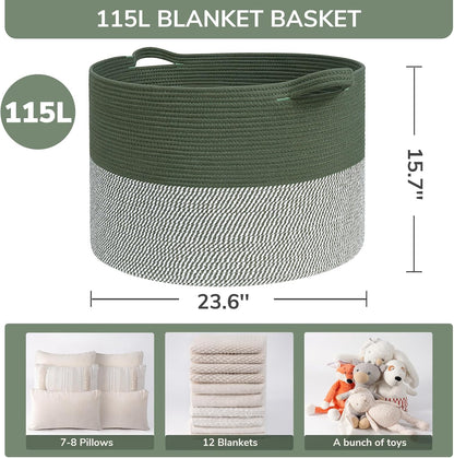 INDRESSME XXXLarge Blanket Basket for Living Room 21.7" x 21.7" x 13.8"-Storage Basket with Handle for Organizing Toy Pillows Woven Cotton Rope Laundry Basket Stuffed Animal Toy Storage for Play Room