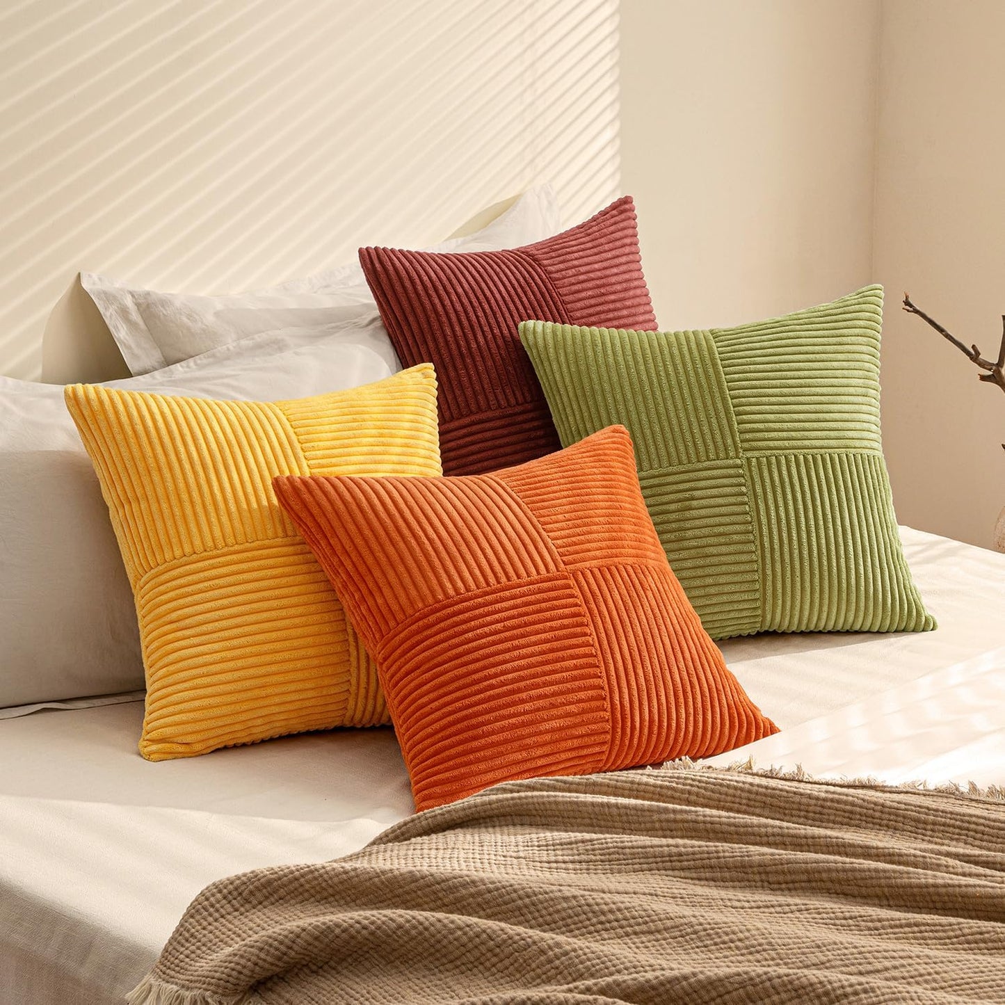 MIULEE Teal Orange Decorative Throw Pillow Covers 18x18 Inch Set of 4 Boho Corduroy Striped Cushion Cases Modern Farmhouse Patchwork Pillow Cases for Couch Sofa Bedroom Home Decor