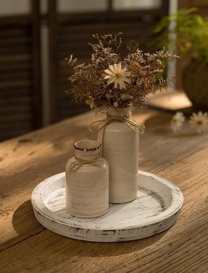 Hanobe Candle Plate Holder Tray: Round Wood Decorative Candle Plate - Rustic Farmhouse CoffeeTable Decor - Tealight Pillar Trays for Home Decor (Distressed)