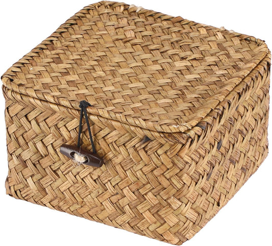 Hipiwe Seagrass Basket with Lid Wicker Storage Basket Square Handwoven Decorative Baskets Box for Shelf Multipurpose Household Baskets Home Decor,X-small