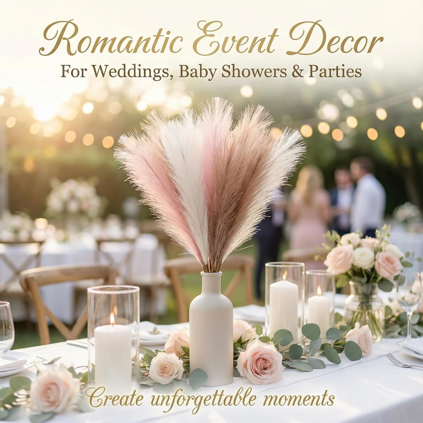 Pampas Grass Decor 21.7 Inch 30pcs, Faux Pampas Grass White Beige Brown Ultra Fluffy No Shedding for Boho Home Bedroom Wedding Vase Filler Dried Flower Arrangement