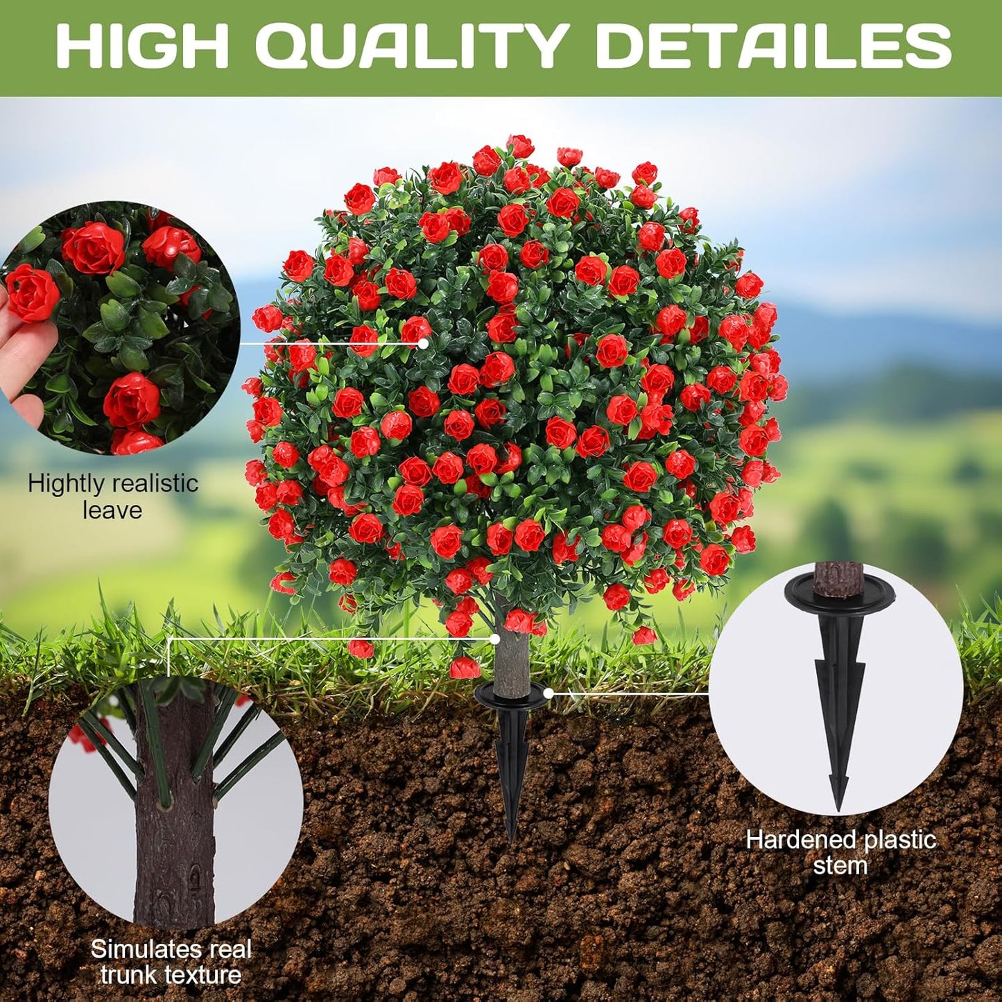 Artificial Red Eucalyptus Topiary Ball Tree 24" with Ground Spike, Set of 2 Artificial Boxwood Bushes for Faux Shrubs, Fake Evergreen Faux Plant for Indoor Outdoor Garden -UV Resistant–Fade-Proof