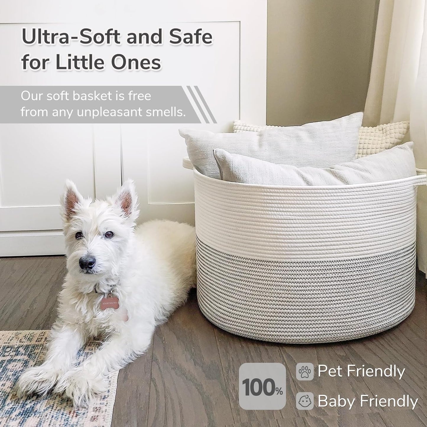 INDRESSME XXXLarge Blanket Basket for Living Room 21.7" x 21.7" x 13.8"-Storage Basket with Handle for Organizing Toy Pillows Woven Cotton Rope Laundry Basket Stuffed Animal Toy Storage for Play Room