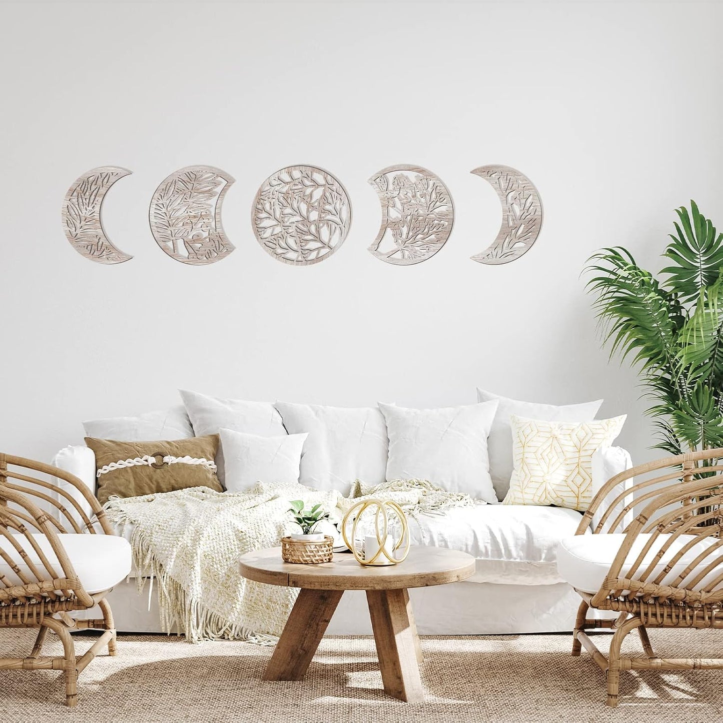 Jetec 5 Pcs Moon Phase Wall Art Decor Wall Pediments Hanging Wooden Phase Spiritual Bedroom Nordic Boho Lunar Aesthetic Art for Living Room Dorm Apartment Ornament(Brown,10.6 Inch,Botanical)