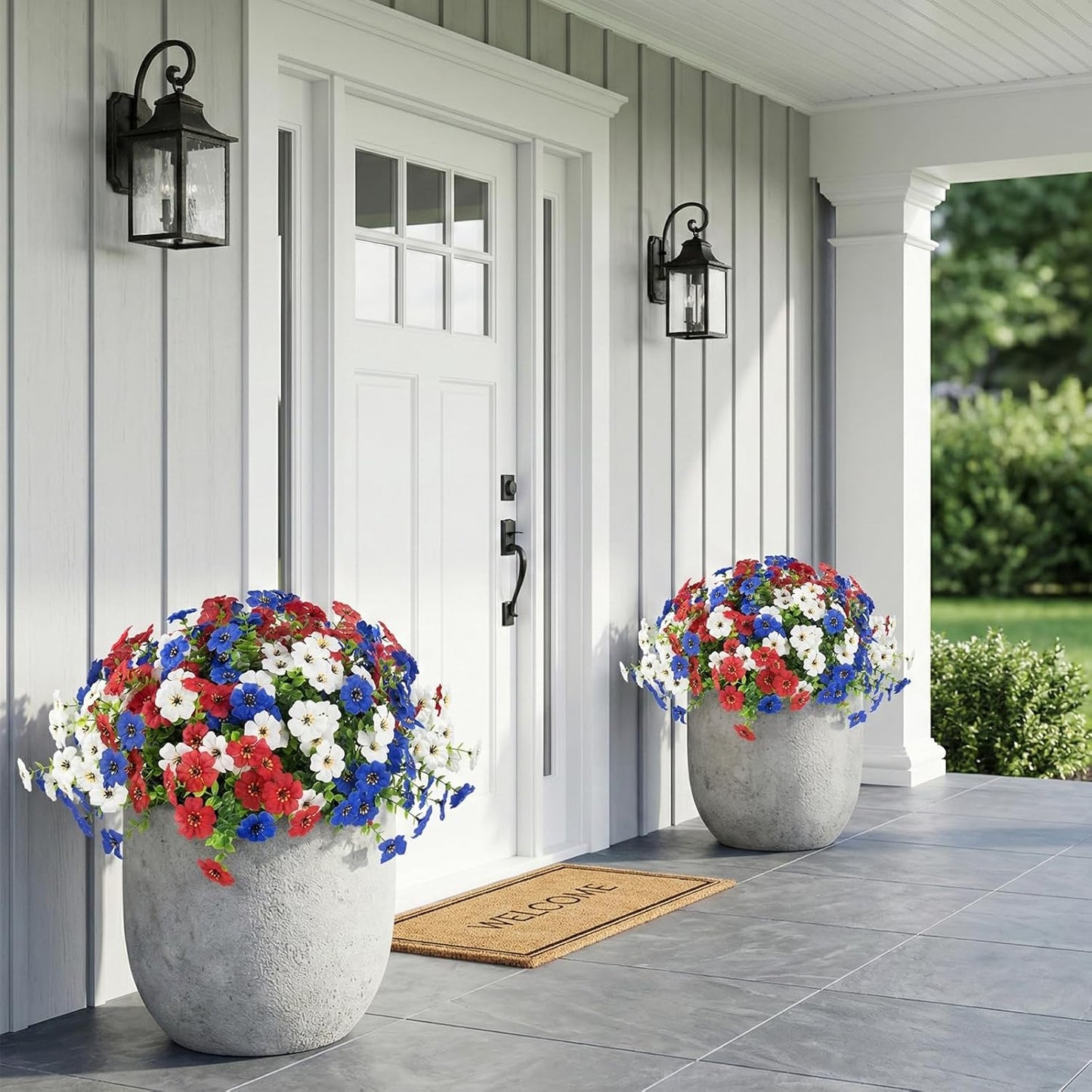 Hananona 2 Set Artificial Outdoor Flowers with Hanging Basket, 2 Hanging Planters with 24 Pcs Flowers for Spring Summer Front Porch Garden Patio Home Decor (2, Red, Purple, Yellow, Rose Red)