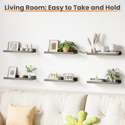 upsimples 6 Pack Wooden Floating Shelves, Wall Storage Decor Shelf for Bathroom, Bedroom, Living Room, Kitchen, Office and Laundry Room, Wall Mounted Display Hanging Shelf, Brown