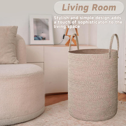 JMvicyroam Large Woven Laundry Basket Hamper,60L Cotton Rope Storage Bin for Blankets,Toys and Clothes,Decorative Tall Nursery Hamper for Living Room,Baby Nursery,Bathroom and Bedroom,Brown