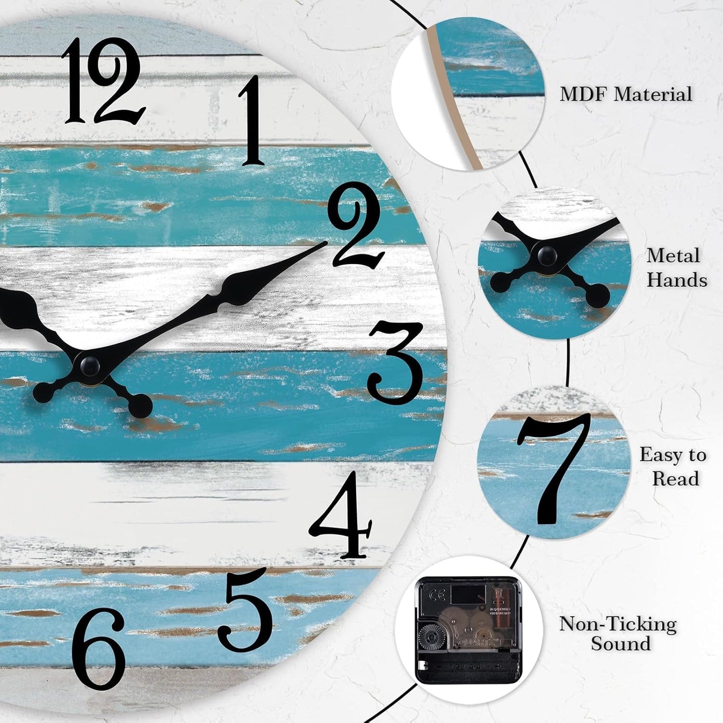 KECYET Wall Clock Battery Operated 8 Inch Silent Non Ticking Coastal Design Country Rustic Retro Decorative for Bathroom Kitchen Living Room Bedroom