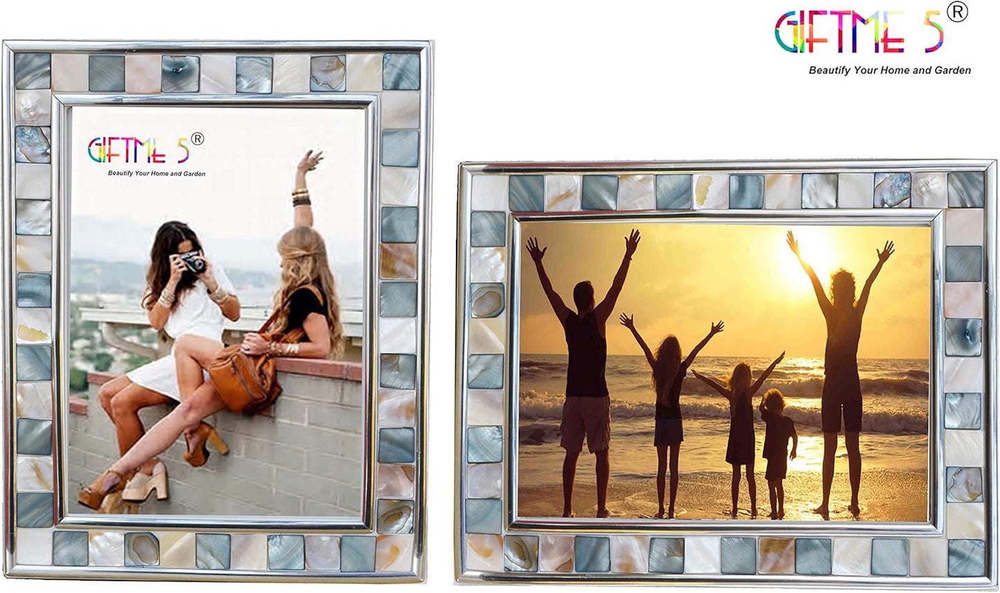 Silver Plate Picture Frame 5x7 Mother of Pearl 5 by 7 Photo Frame Mosaic Glass Tabletop Frame (Grey+ White,1pc)
