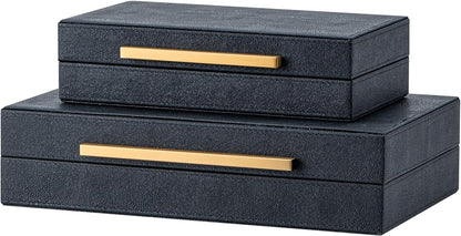 Set of 2 Beige Shagreen Decorative Storage Boxes with Gold Metal Handles – Faux Leather Jewelry & Memory Boxes, Nesting Photo Organizers for Home Decor