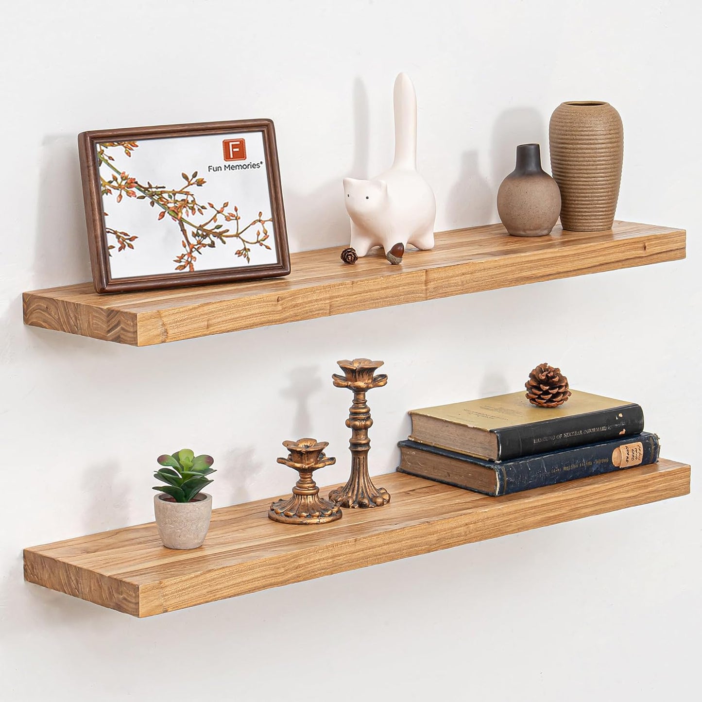 Floating Shelves 36 Inches Long - 8 Inch Deep Rustic Premium Solid Pine Wood for Storage - Farmhouse Wall Mounted for Living Room - Heavy-Duty Metal Bracket - 36" W x 8" D - Set of 2 - White Color