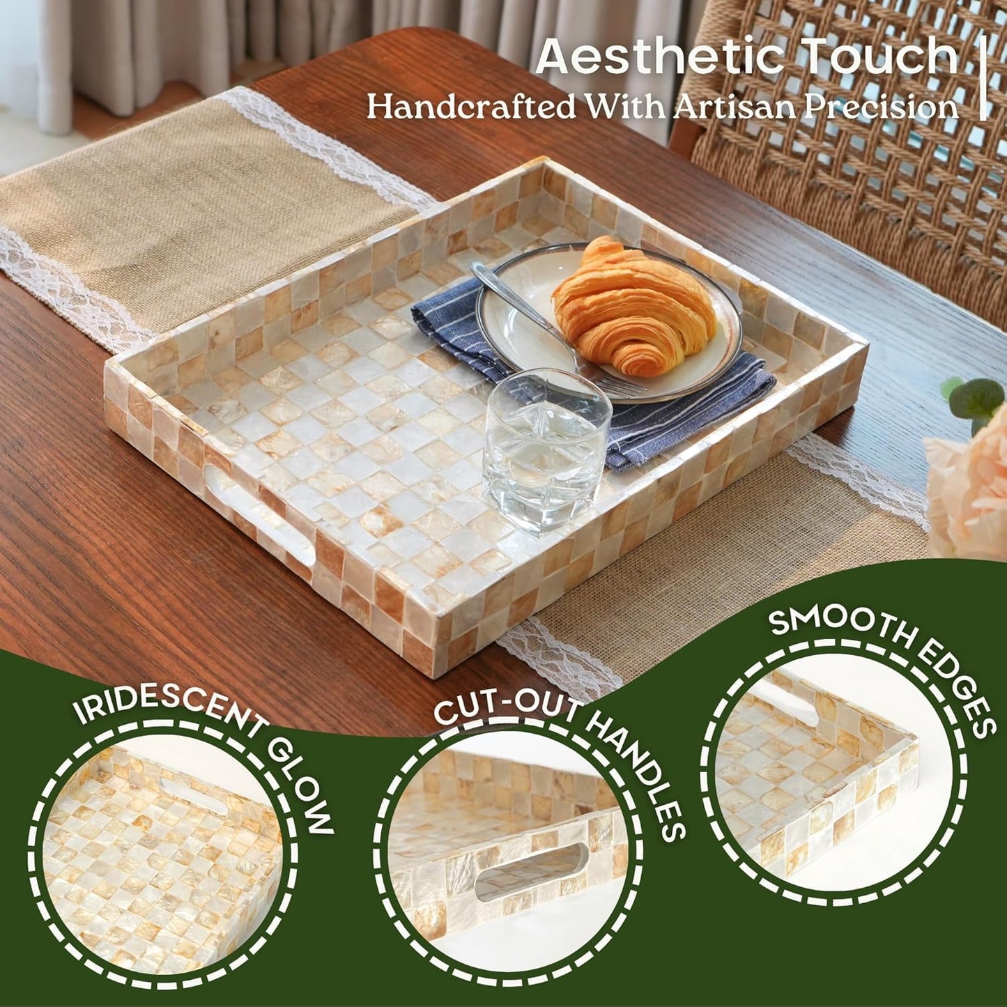 CHI AN HOME 15.8" x 11.8" Decorative Rectangular Tray with Natural Capiz Shells, Checkered Tray with Handles, Serving Tray for Ottoman, Coffee Table, Kitchen Counter Home Decor (Pistachio Green)