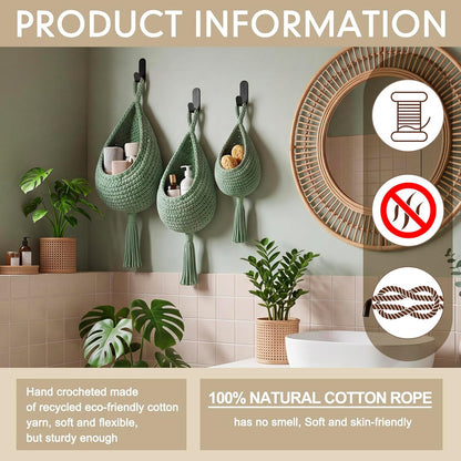 Honeydak Boho Decor Hanging Wall Baskets for Kitchen 3 Pack Teardrop Baskets with Hooks Storage Fruit Onion Vegetable Potato for Home 3 Sizes(Linen,Teardrop,Jute)