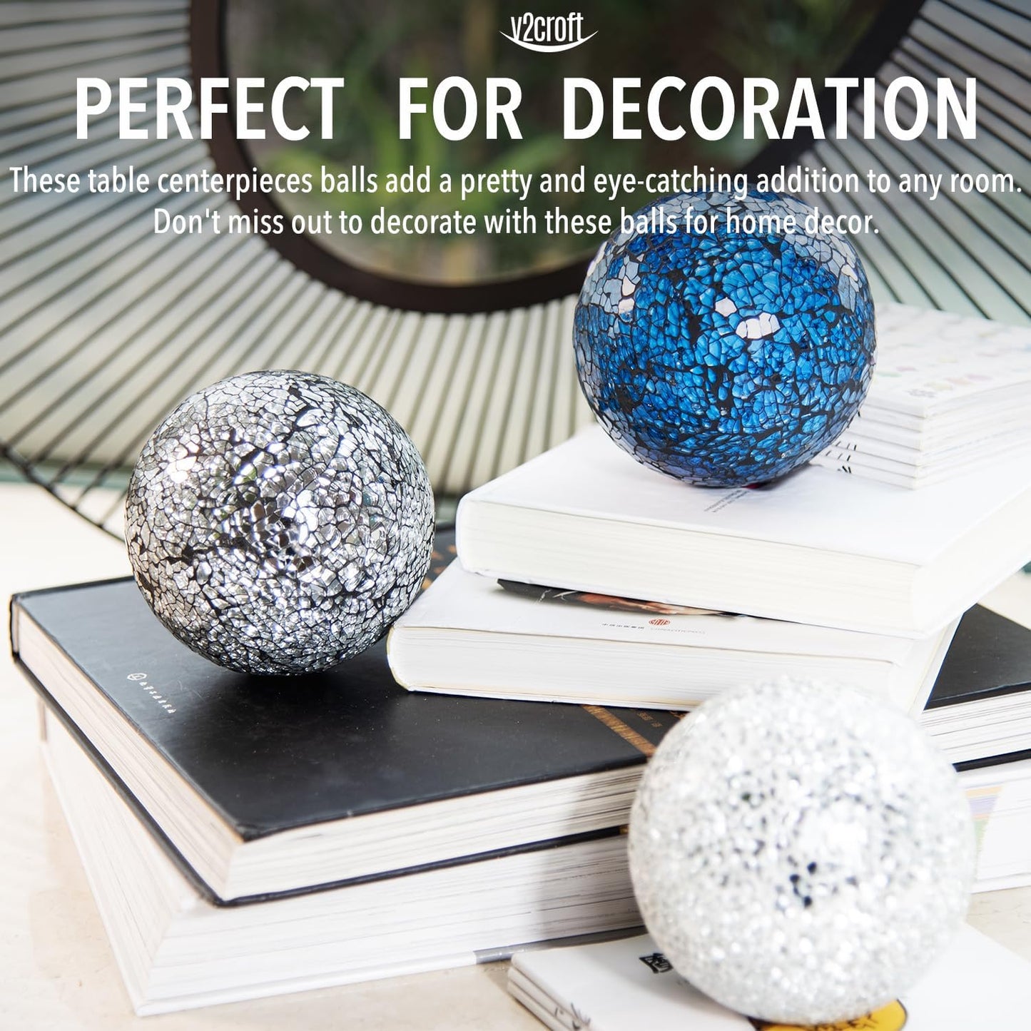 4in Decorative Mosaic Sphere Orbs Set of 3, Glass Balls for Whole Housewares,Wedding/Birthday,Bowls,Vases Dining Table Centerpieces(Silver,Black,Blue)