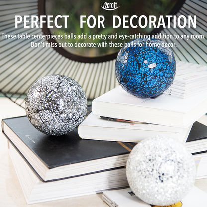 4in Decorative Mosaic Sphere Orbs Set of 3, Glass Balls for Whole Housewares,Wedding/Birthday,Bowls,Vases Dining Table Centerpieces(Silver,Black,Blue)