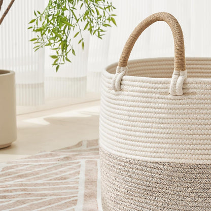 KAKAMAY Large Blanket Basket (20"x13"),Woven Baskets for storage Baby Laundry Hamper, Cotton Rope Blanket Basket for Living Room, Laundry, Nursery, Pillows, Baby Toy chest (White/Brown)